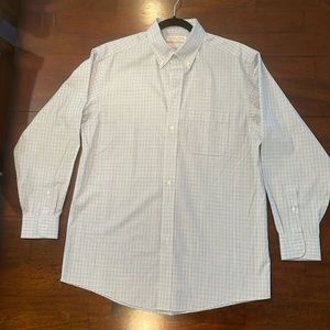 Gold label, blue and green striped long sleeve shirt.